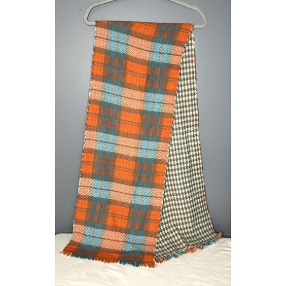 Steve Madden Scarf Womens One Size Reversible Plaid Houndstooth Gray Orange Blue - Picture 2 of 8